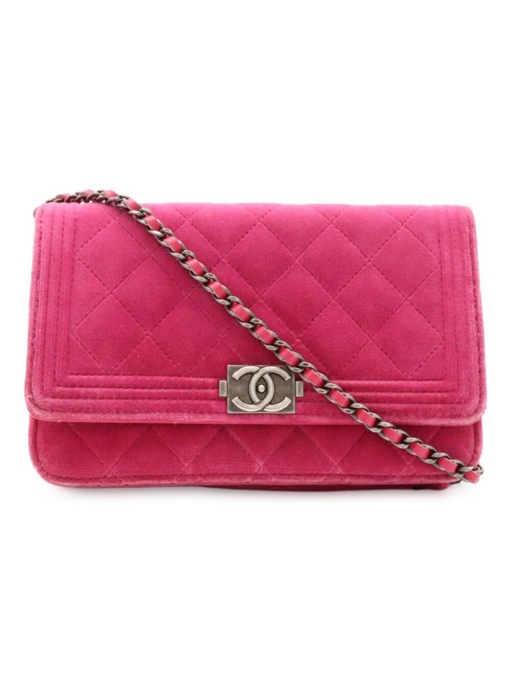 Chanel Boy Quilted CC Logo Chain Wallet Shoulder Bag Crossbody Velour Leather